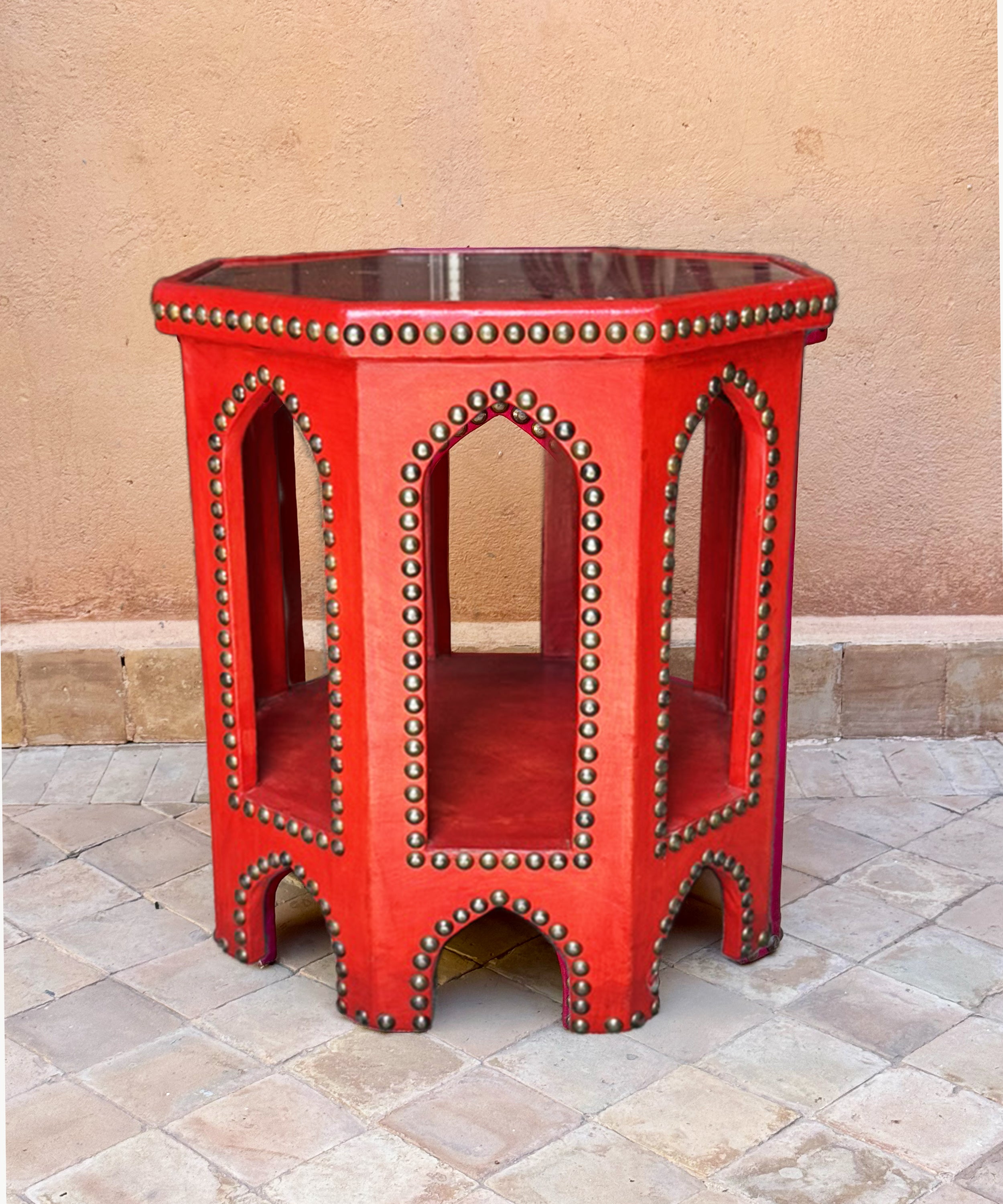 The leather side table, red